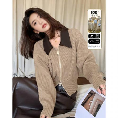 【100绵羊毛】春秋复古风拼接翻领开衫小个子气质针织衫女上衣