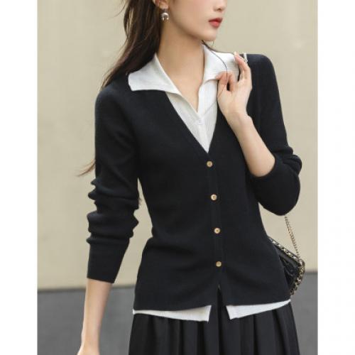 【假两件的快乐】春V字翻领开衫撞色线衫松弛藏肉针织衫女上衣