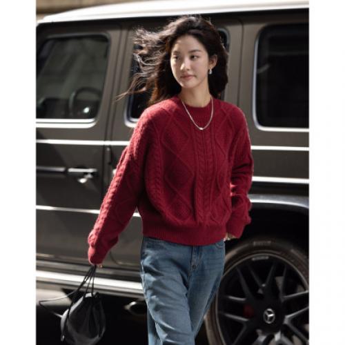 【复古新织】春秋慵懒风绞花圆领线衫小个子软糯遮肉针织衫女上衣