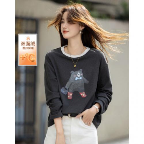 【双面绒保暖派】冬季韩风撞色圆领小熊印花舒柔感小个子女式t恤