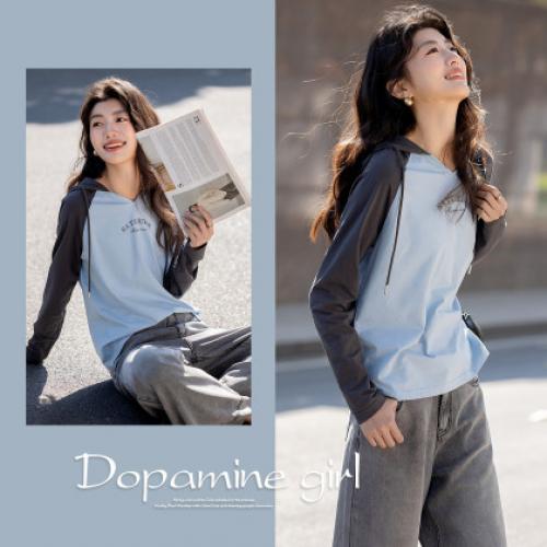 【盐系少年感】春季小V连帽领180G棉氨字母印花撞色女式t恤