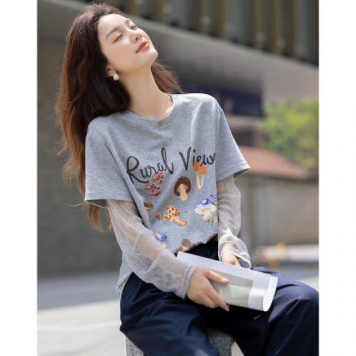 【马卡龙穿搭】夏季设计感假两件拼接打底衫印花云氧棉女式t恤