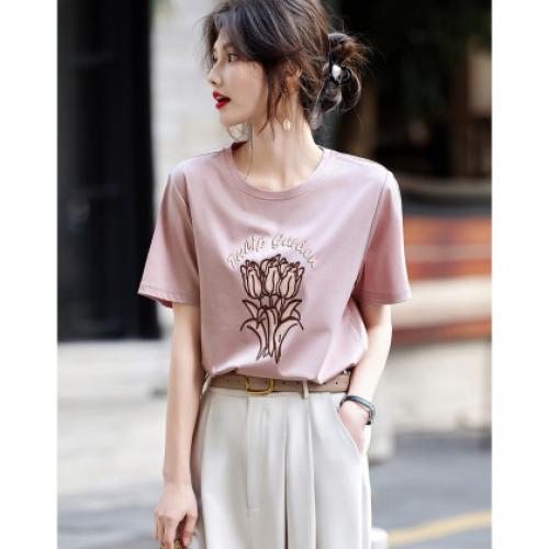 【巴黎假日】夏新圆领郁金香印花短袖t恤女棉氨清爽无压女式t恤