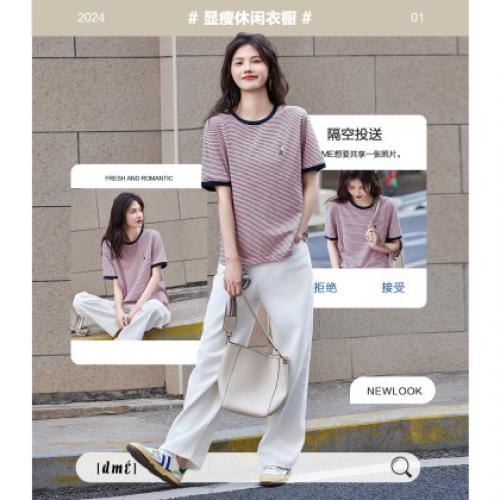 【复古情怀】圆领条纹撞色短袖t恤女刺绣时髦舒适女式t恤