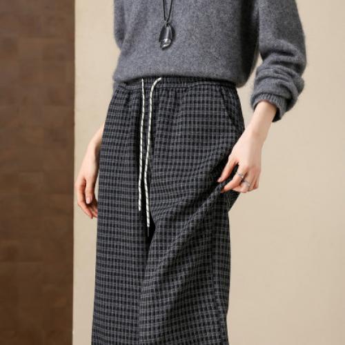 【温暖加绒系列】冬季慵懒风松紧腰系带格纹直筒小个子女式休闲裤