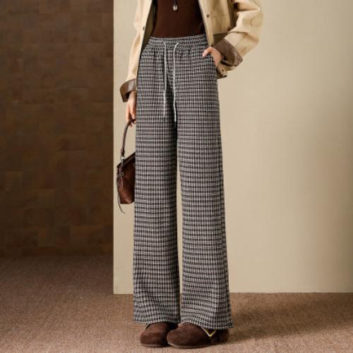 【温暖加绒系列】冬季慵懒风松紧腰系带格纹直筒小个子女式休闲裤