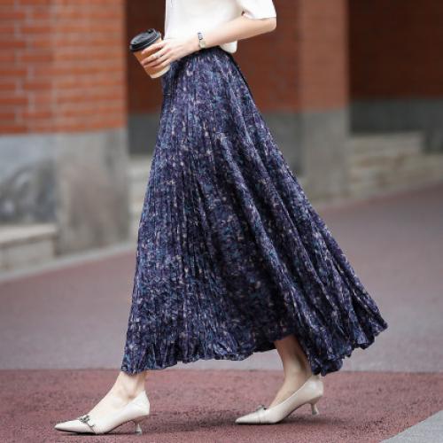 【碎冰星河】2026春名媛私服松紧腰水印印花压褶A字女式百褶半身裙