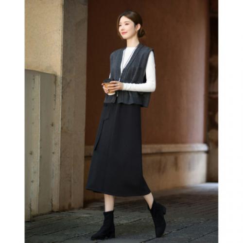 【350G磨毛空气层】冬季设计感不对称拼接松紧腰直筒女半身裙