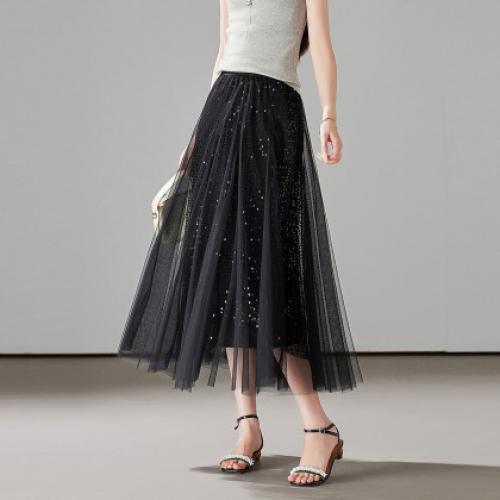 【星河如梦】春季优雅风珠片网纱裙松紧腰A字遮肉半身裙女中长裙