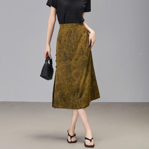 【秘境情书】秋国风新中式后片橡筋腰侧开叉A字气质通勤半身裙女