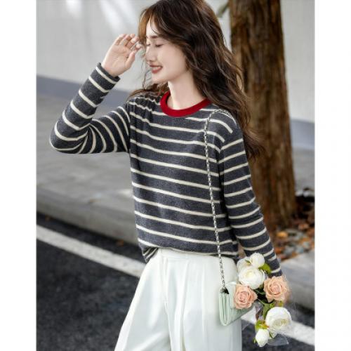 【复古学院派】冬季日系撞色圆领条纹宽松不挑身材气质卫衣女上衣