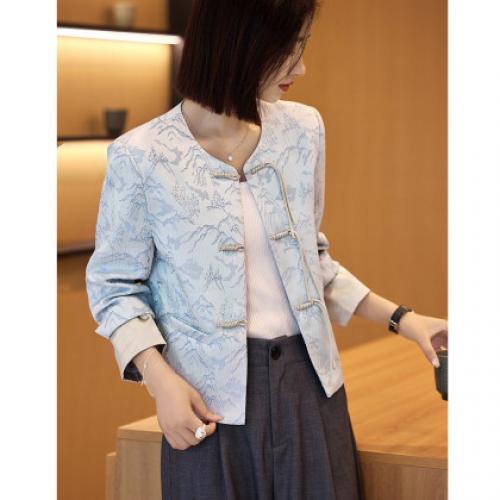 【清冷白茶】秋国风新中式圆领提花对襟流苏扣藏肉外套女短款