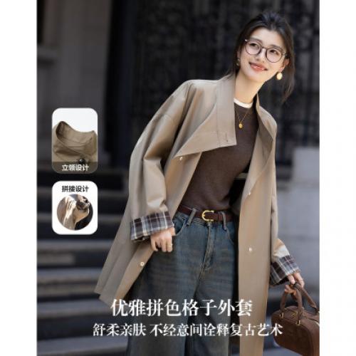 【复古曼波舞】秋季都市优雅云氧棉立领拼色格子小个子风衣女外套