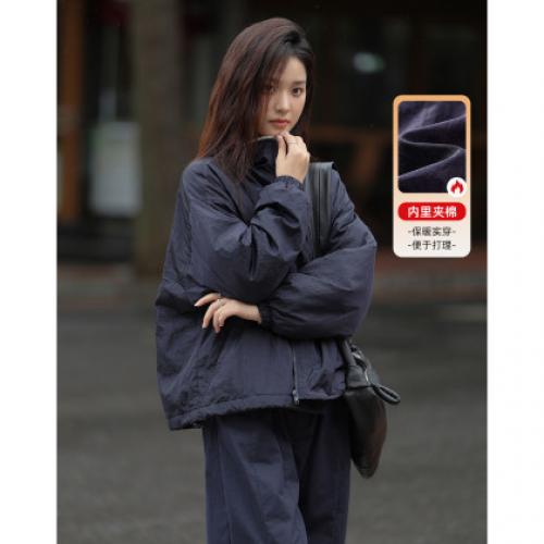 【藏青色简约棉外套】冬款立领拼接仿羊羔毛夹棉外套女