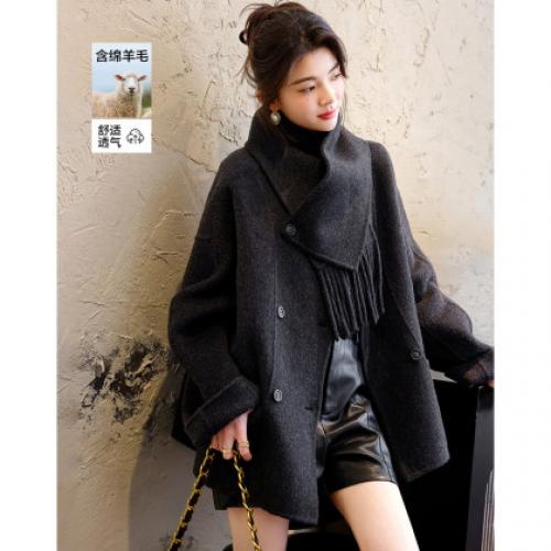 【手工双面呢】冬季纹理密码绵羊毛混纺大衣围巾圆领女式毛呢外套