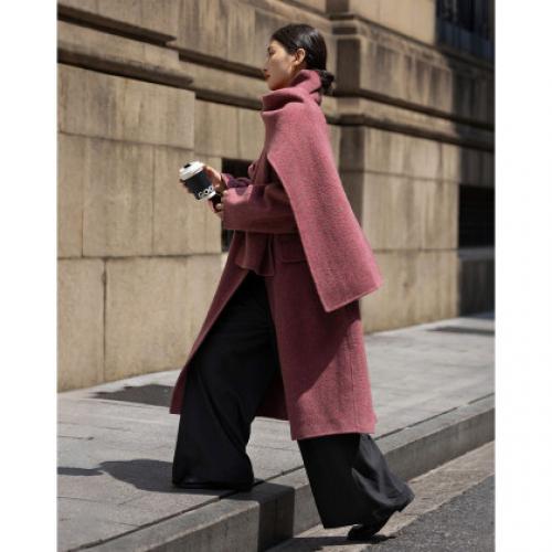 【雾冬玫瑰】冬季绵羊毛含围巾双排扣双面呢大衣长款女式毛呢外套