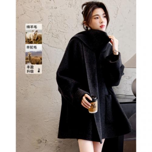 【羊驼毛绵羊毛混纺】冬季智性围巾式开襟蝙蝠袖双面呢大衣女外套
