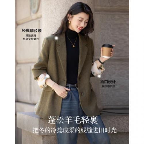 【蓬松绵羊毛混纺】冬季气质翻驳领粗花呢袋盖袖口拼接女西装外套