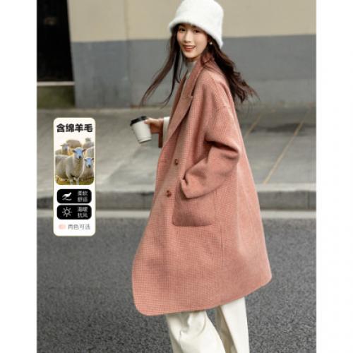 【会呼吸的绵羊毛】冬季温柔智性千鸟格双面呢双排扣女式大衣外套