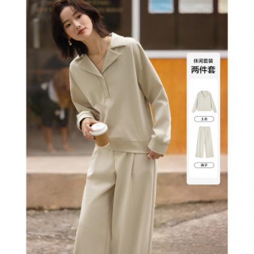 【松弛感套装】2026春韩风云感棉翻驳领卫衣直筒卫裤女式两件套