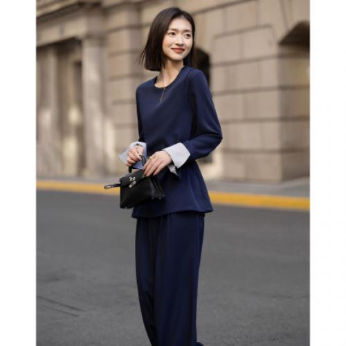 【纸片人】2026春设计感单肩纽扣条纹翻袖口上衣阔腿裤女式两件套