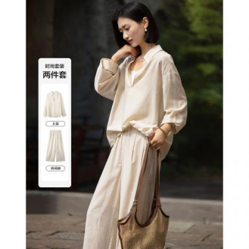 【含亚麻】2026春松弛淡人V字翻领衬衫松紧腰阔腿裤女式套装两件套