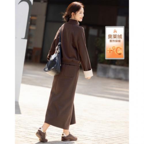 【保暖350G奥莱绒】冬季半开襟拉链上衣拼色条纹半身裙女套装