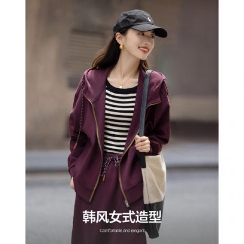 【韩风空气层套装】秋季连帽撞色拉链上衣松紧腰直筒半裙女两件套