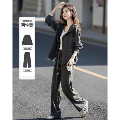 【城市漫游套装】春季慵懒风连帽开衫上衣松紧腰直筒裤女式两件套
