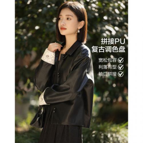 【黑巧贝果】2026春轻复古调色盘翻领袖口撞色拼接PU女式皮衣外套