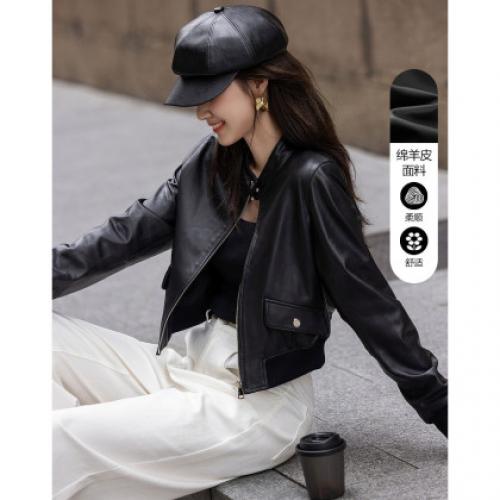 【简约不挑人】冬季机车风绵羊皮立领舒适藏肉时髦好搭外套女短款