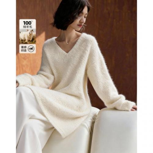 【100绵羊毛】冬季气质V领提花线衫翻边袖宽松针织衫女上衣