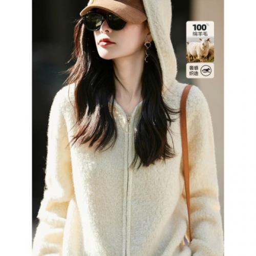 【100绵羊毛】冬季简约连帽圈圈纱线衫双拉链罗纹针织衫女上衣