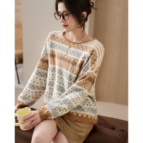 【费尔岛提花风情】冬100绵羊毛线衫提花拼色拉毛针织衫女上衣