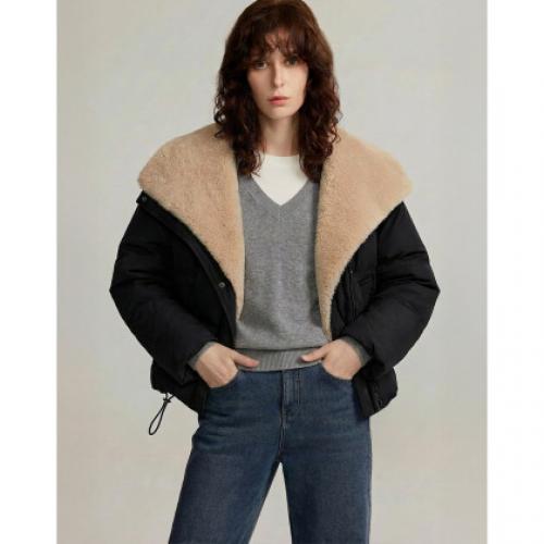 【御寒有道】冬季90鸭绒仿羊羔绒拼接翻领滚条三层工艺女羽绒服