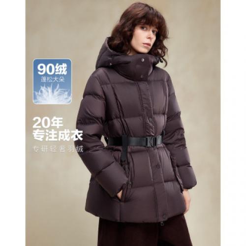 【5A抗菌蓄热】冬季连帽90鸭绒腰带束腰户外中长款女式羽绒服