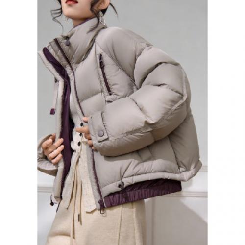 【90鸭绒】冬季抽绳撞色立领四层工艺方格辑线宽松女面包羽绒服