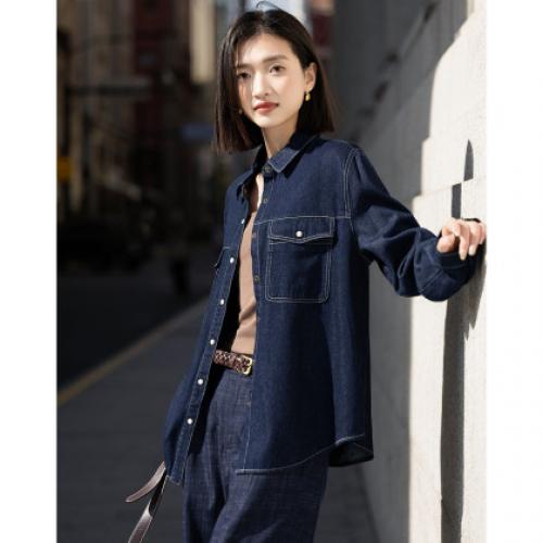 【云氧棉】2026春都市风翻领撞色压线内侧磨毛小个子女式牛仔衬衫