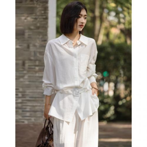 【含呼吸感亚麻】2026春清冷智感翻领外穿衬衣腰带可收腰女式衬衫