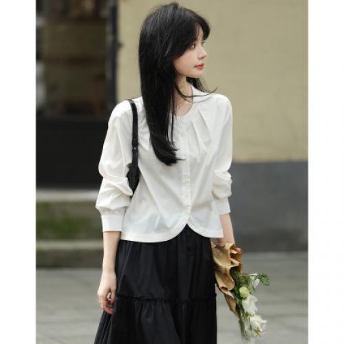 【清冷智感职场】春季松弛氧气云感棉衬衫气质褶裥短衬衣女装上衣