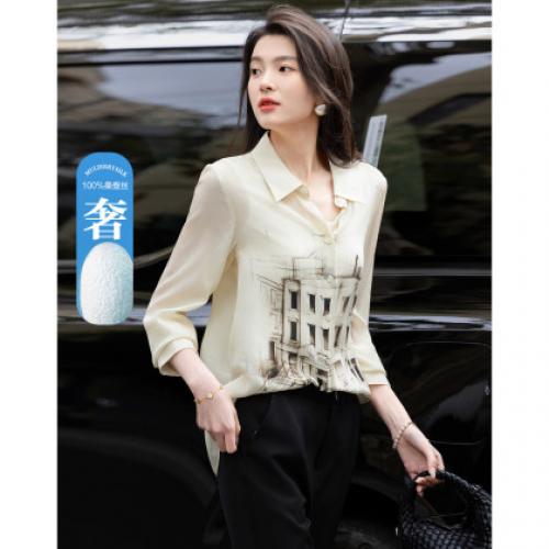 【穿真丝的女人】春秋宛若无物100桑蚕丝翻领建筑印花女式衬衫