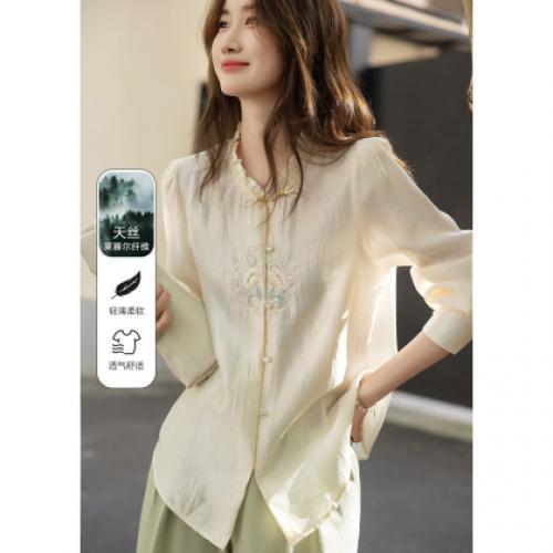 【观风月舒】春秋国风新中式莱赛尔衬衫刺绣花片盘扣衬衣女装上衣