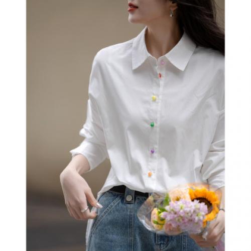 【智感纯棉衬衫】春季清冷简约风翻领彩扣衬衫宽松藏肉衬衣女上衣