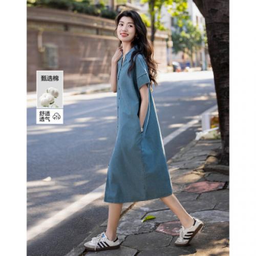 【实穿主义】简约风翻领云朵棉宽松舒适短袖女式牛仔连衣裙