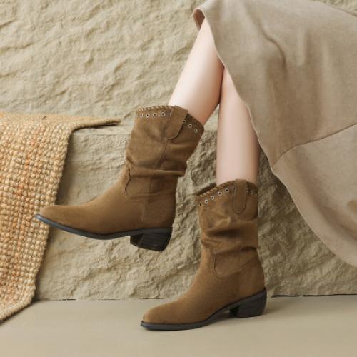 【休闲通勤】25秋冬时尚简约百搭圆口铆钉堆堆靴女短靴骑士靴