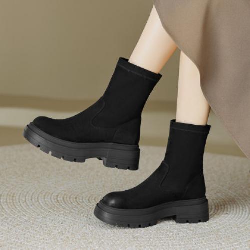 2023秋冬新款时尚简约通勤日常百搭纯色绒面圆头擦色瘦瘦靴