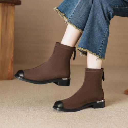 冬季时尚简约日常百搭绒面气质拼接电镀跟方头瘦瘦靴女靴