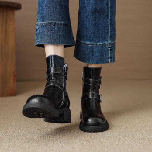 冬季时尚潮流甜酷西部复古圆头双扣纯色骑士靴女靴