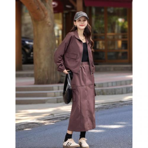 【又A又飒】工装风立领夹克休闲半裙两件套后开叉修身女式套装