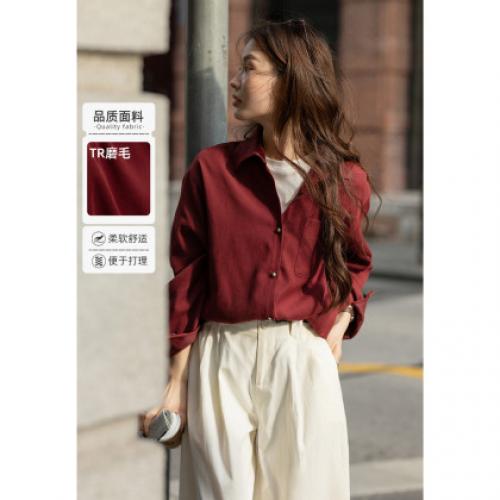 【安可拉红】春秋复古港风磨毛高级感衬衣女时尚内搭叠穿女式衬衫